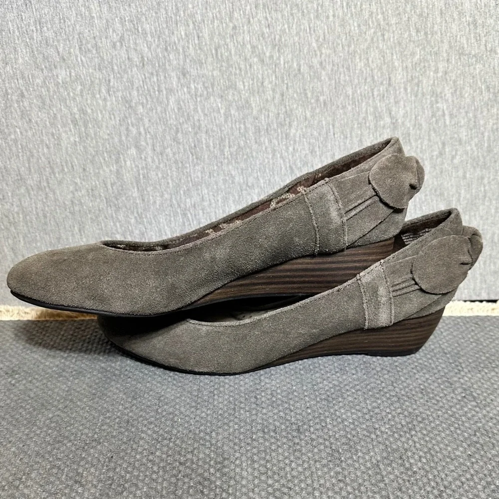 Dr. Scholls Cushion Mina Gray Suede Wedge Pumps Bow Heel arch Support